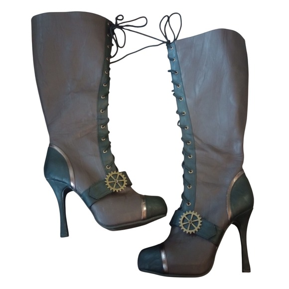 Ellie Knee Boots Steampunk Cosplay Halloween Lace Up Brown 4" Heel Size 9 Edgy - Picture 1 of 5